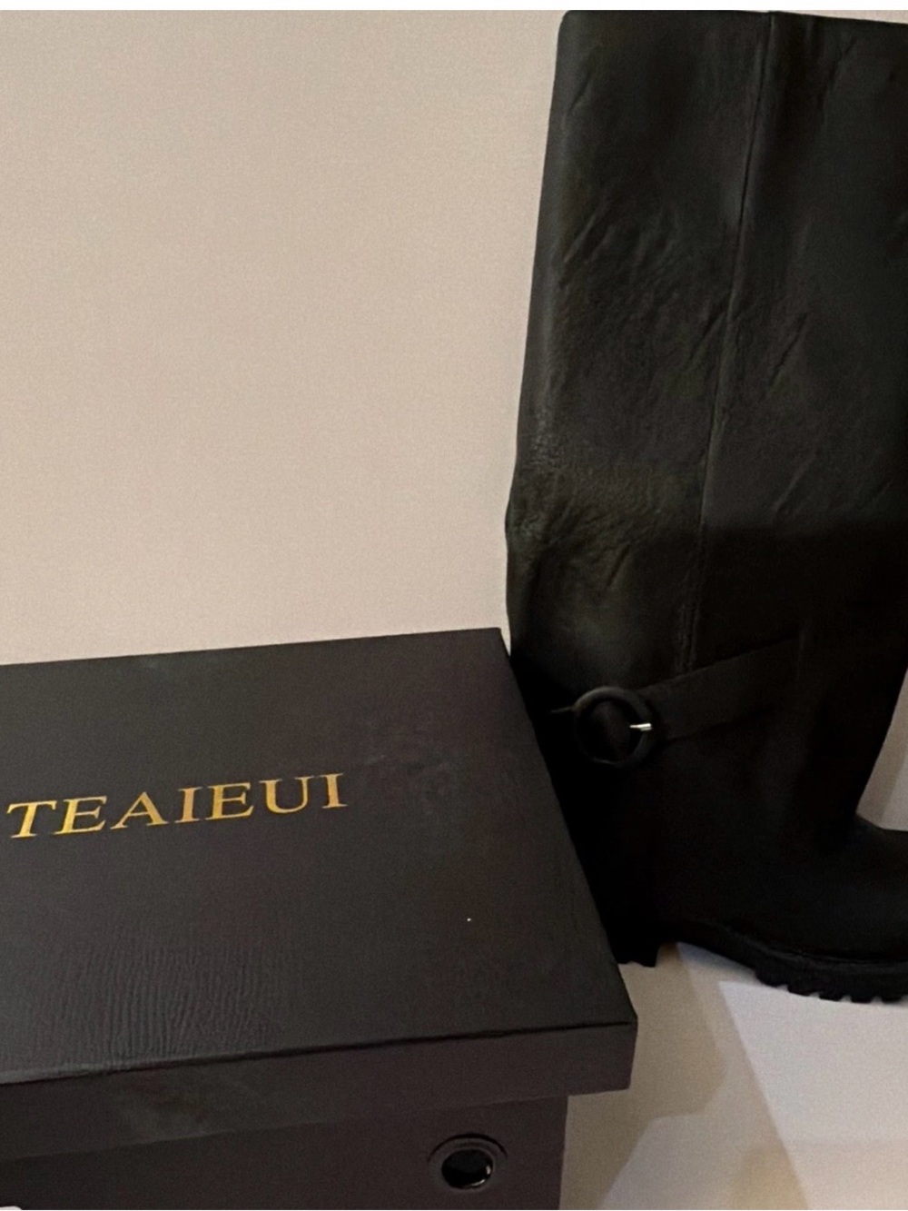 Black Leather Knee Boots with Buckle Detail